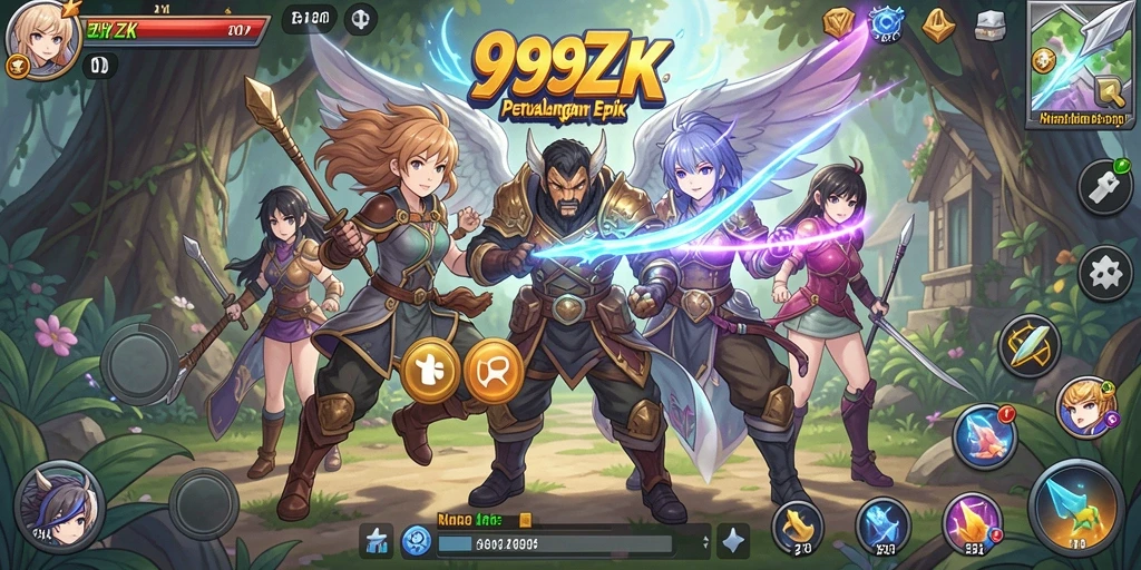 Screenshot gameplay dinamis dari 999ZK yang menampilkan aksi anime penuh warna.
