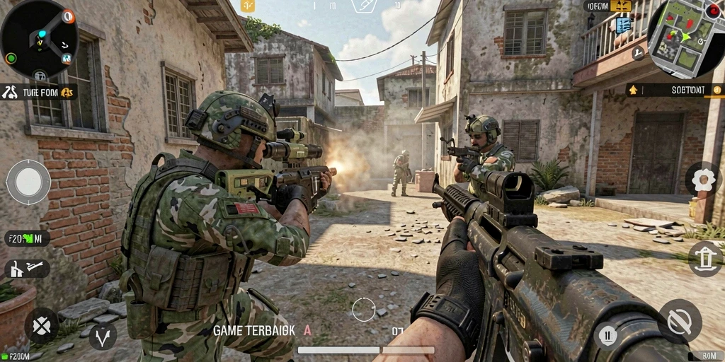 Screenshot F200M menunjukkan momen mendebarkan dalam tempur FPS.
