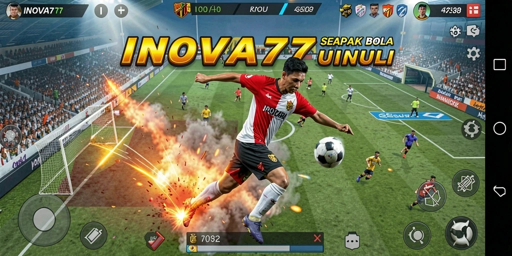 Screenshot menunjukkan pemain beraksi dalam pertandingan sepak bola yang intens.