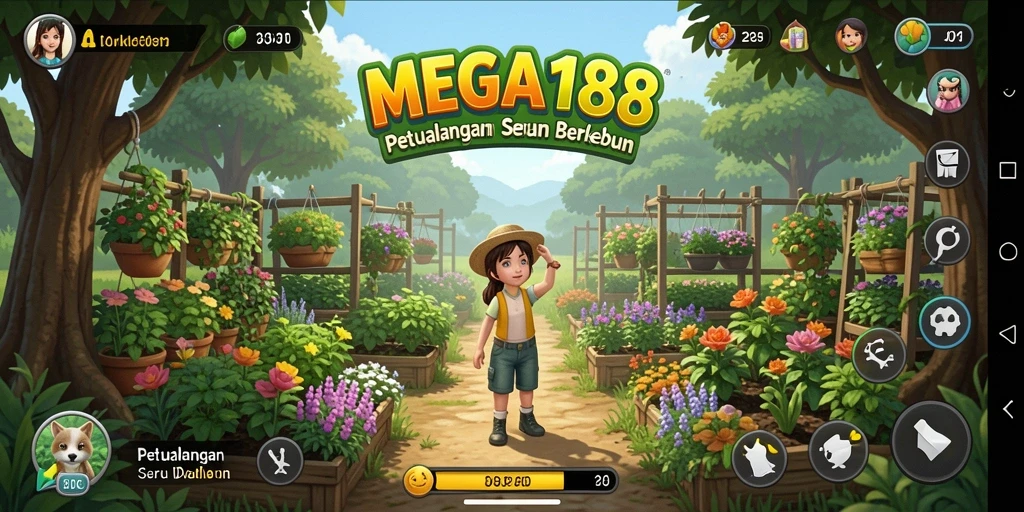 Tangkapan layar MEGA188 menampilkan kebun yang subur dan penuh warna.