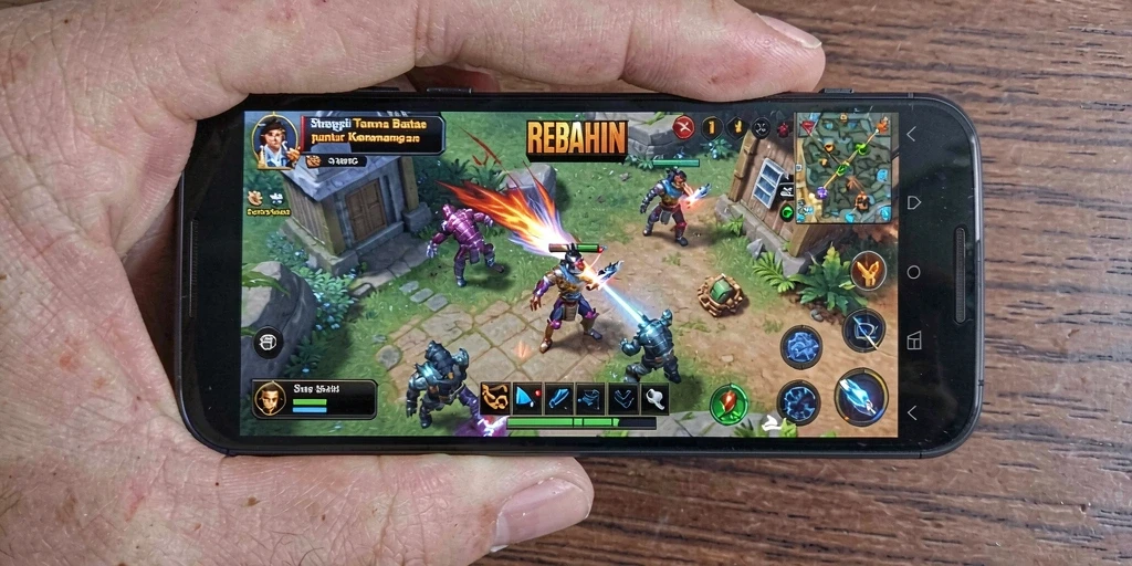 Tangkapan layar utama gameplay REBAHIN yang menunjukkan aksi strategi mendebarkan.