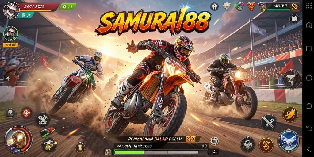 Screenshot gameplay <strong>SAMURAI88</strong> menampilkan balapan seru dengan grafis menakjubkan.