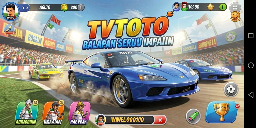 Tangkapan layar gameplay TVTOTO menampilkan balapan mobil yang mendebarkan.